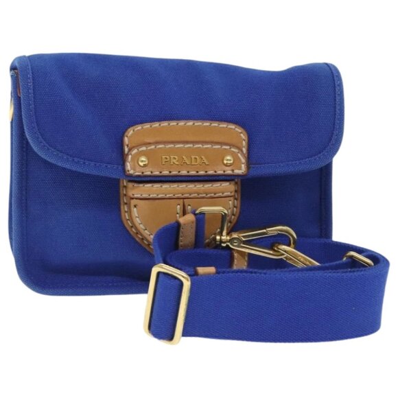 PRADA Shoulder Bag Canvas Blue Gold Auth 93988 - Picture 1 of 16